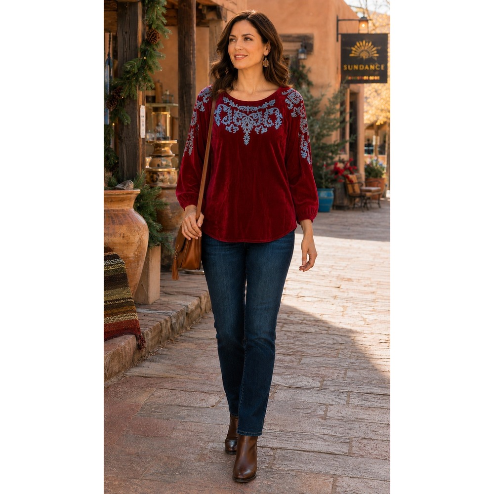 Sundance Red Velvet Embroidered Blouse Boho 3/4 Sleeve Top Petite S